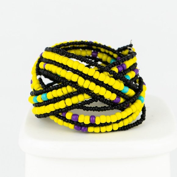 Multicolor Beaded Bracelet Open Cuff Memory Wire Yellow Black Purple Turquoise - Picture 2 of 5